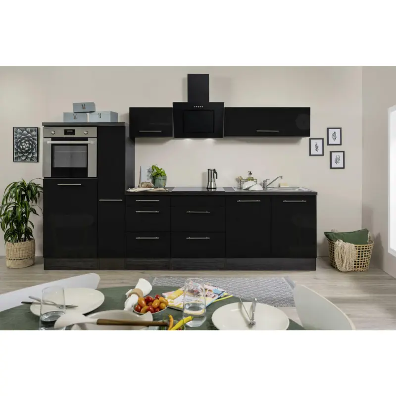 Küchenblock 300 cm in Schwarz, Eichefarben
