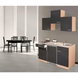 Miniküche 150 cm in Grau, Buchefarben