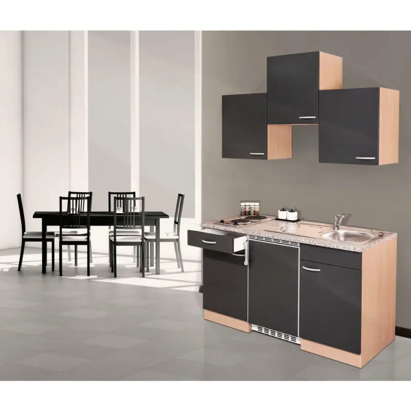 Miniküche 150 cm in Grau, Buchefarben