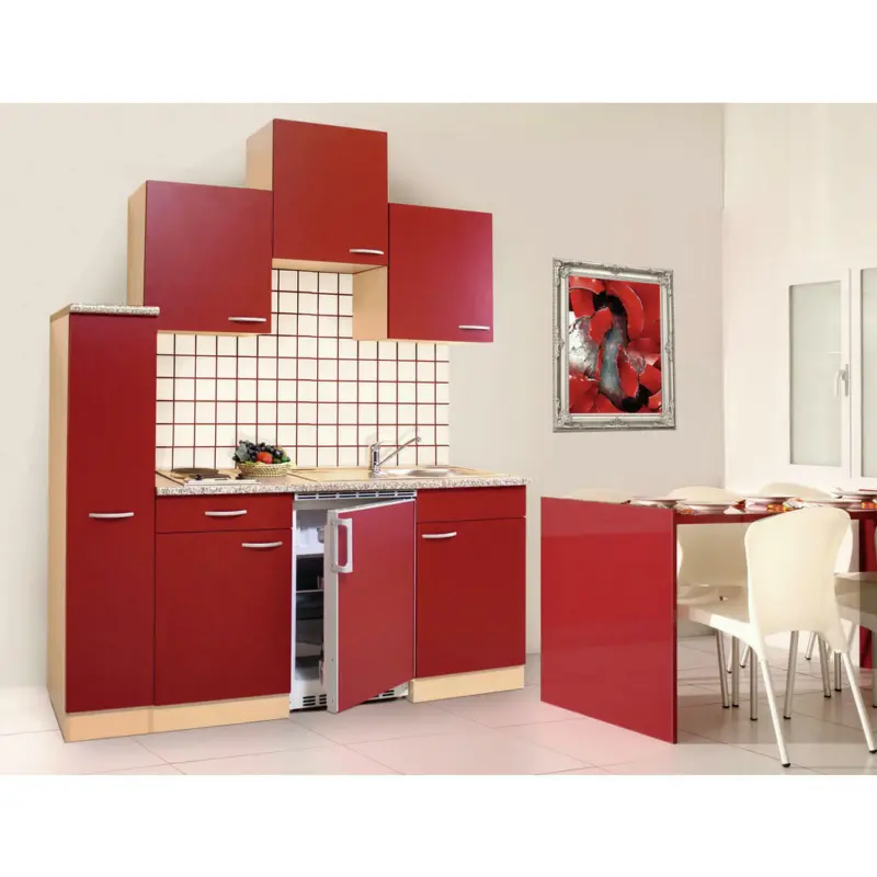 Miniküche 180 cm in Rot, Buchefarben