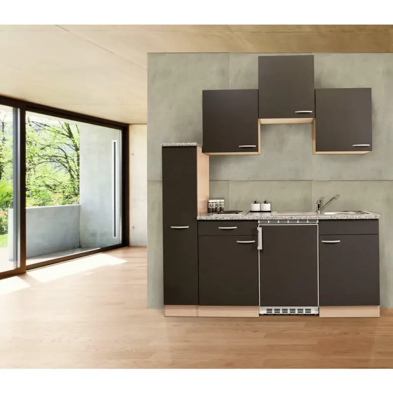 Miniküche 180 cm in Grau, Buchefarben