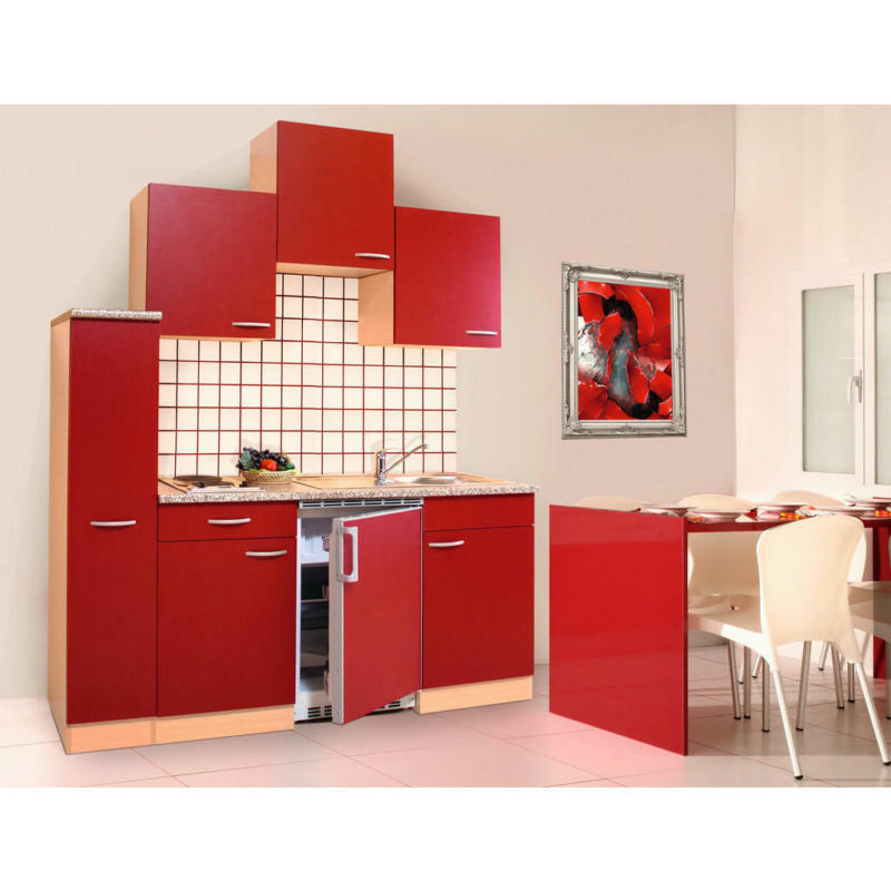 Miniküche 180 cm in Rot, Buchefarben