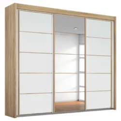Schwebetürenschrank in Weiß, Eichefarben