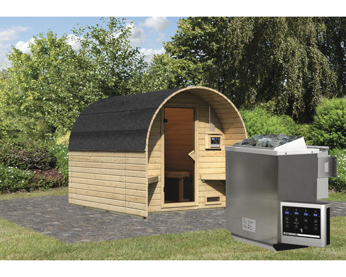 Fasssauna Karibu Fassy 2 inkl.9kW Bio Ofen u.ext.Steuerung mit Ganzglastüre aus Klarglas