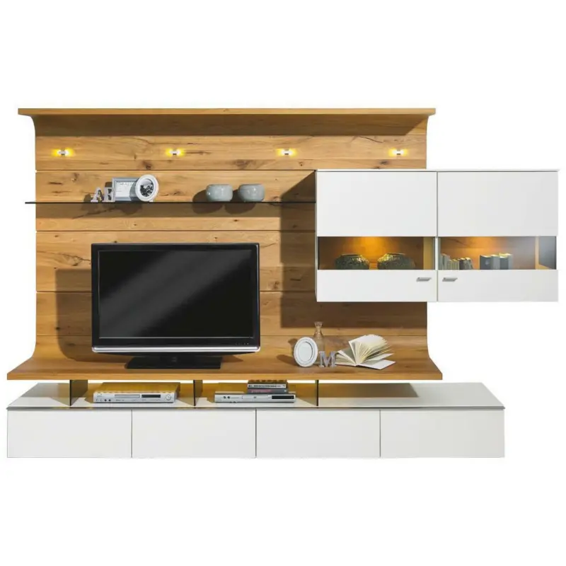 Wohnwand 292,5/186,8/41,2-55,7 cm in Weiß, Eichefarben