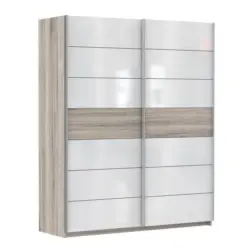 Schwebetürenschrank in Eichefarben, Weiß Hochglanz