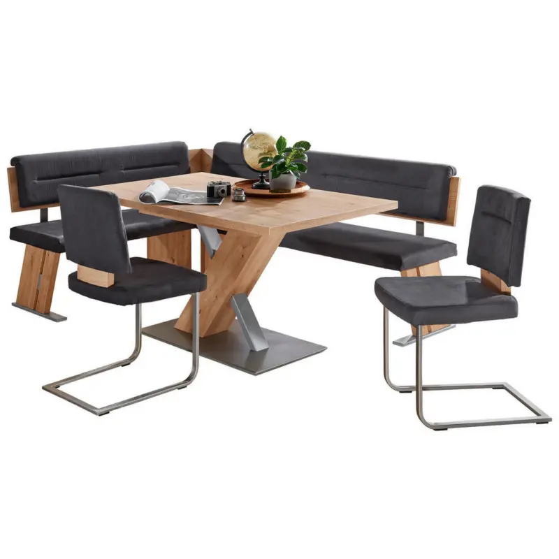 Eckbankgruppe in Metall, Textil, Holzwerkstoff Anthrazit, Eichefarben, Edelstahlfarben