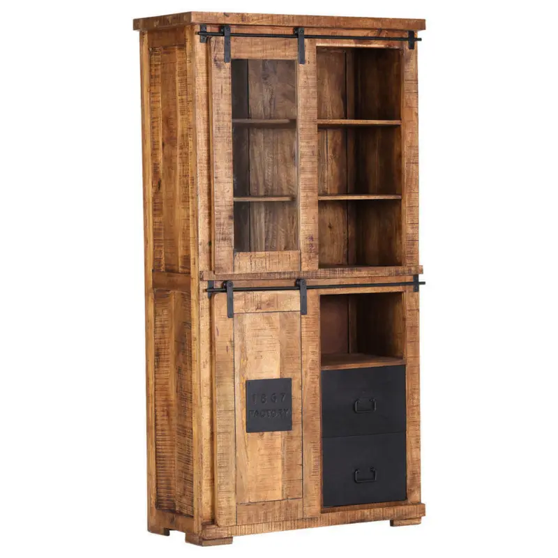 Vitrine in massiv Mangoholz Naturfarben, Schwarz