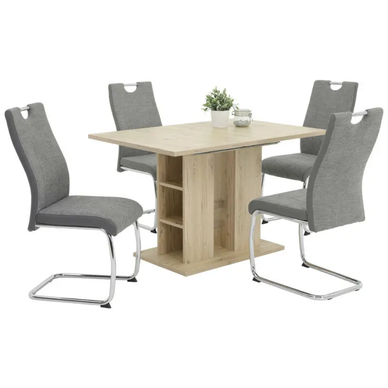 Tischgruppe in Metall, Textil, Holzwerkstoff Grau, Chromfarben, Hellbraun