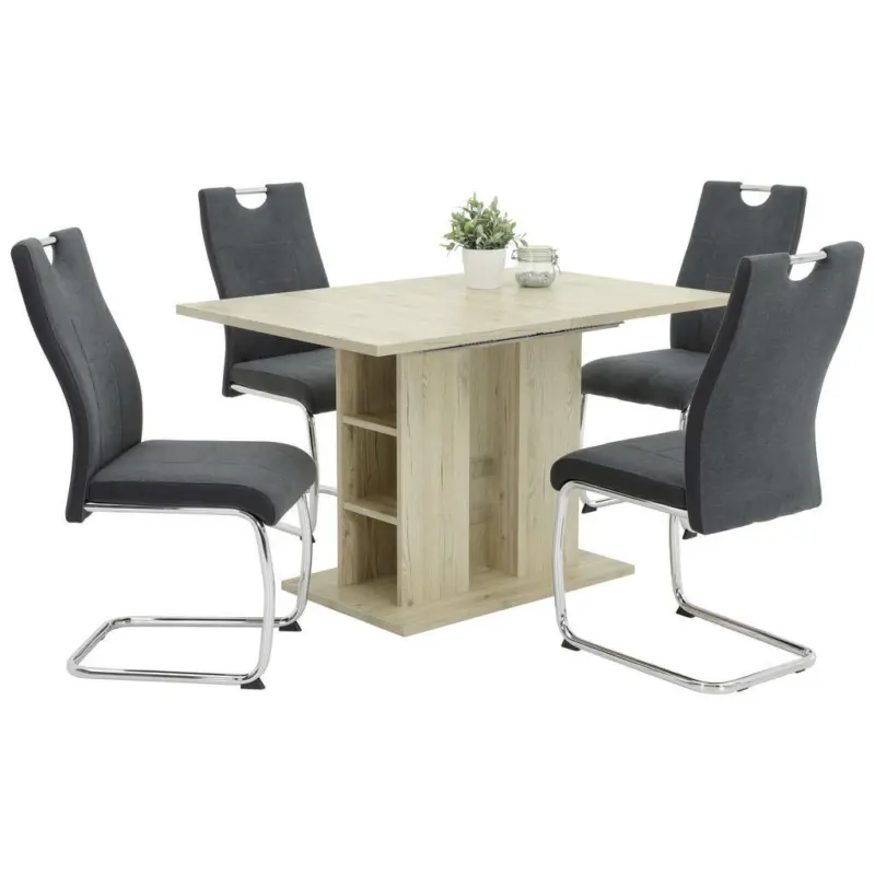 Tischgruppe in Metall, Textil, Holzwerkstoff Anthrazit, Chromfarben, Hellbraun
