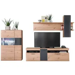 Wohnwand 310/198/50 cm in Anthrazit, Klar, Eichefarben