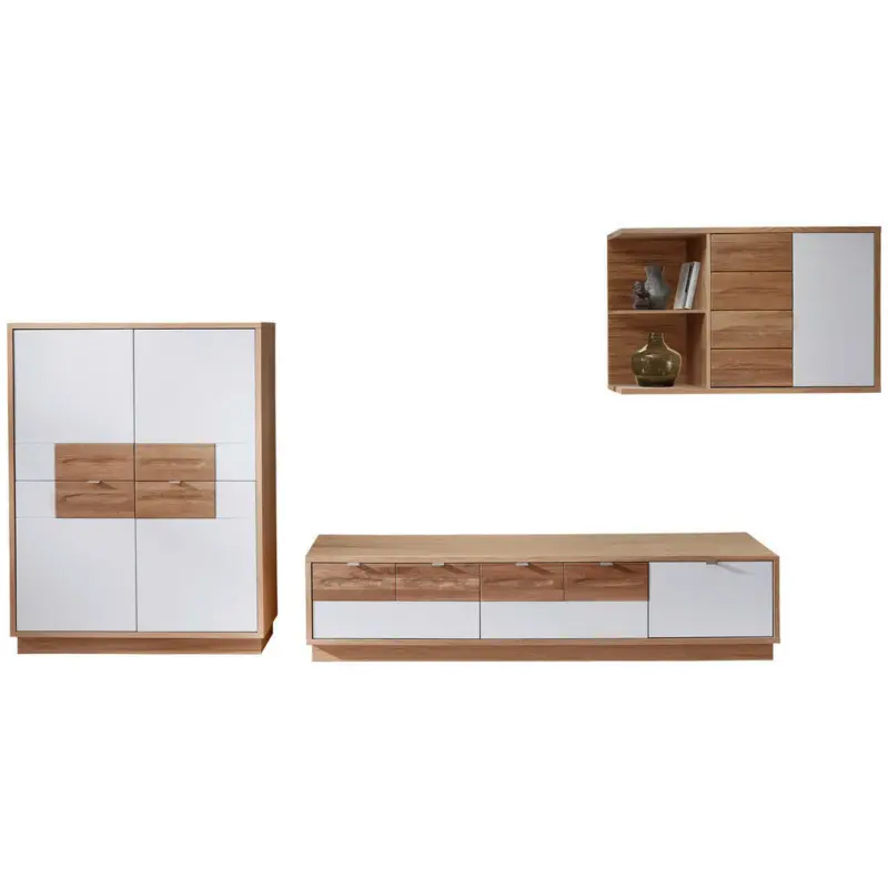 Wohnwand 379/161/48 cm in Weiß, Wildeiche