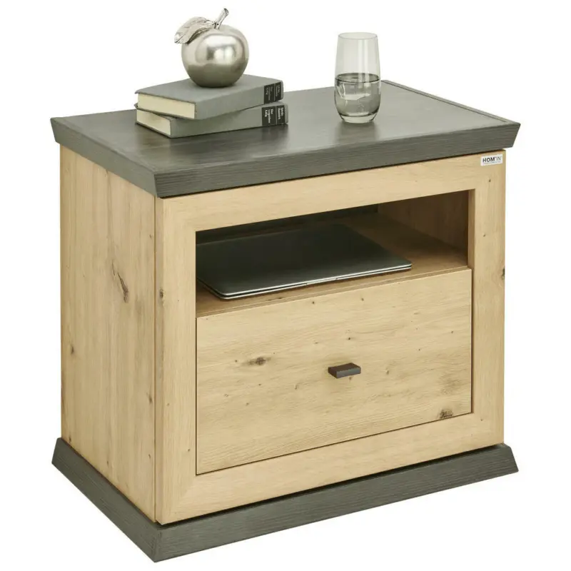 Nachtkästchen in Eichefarben, Dunkelgrau