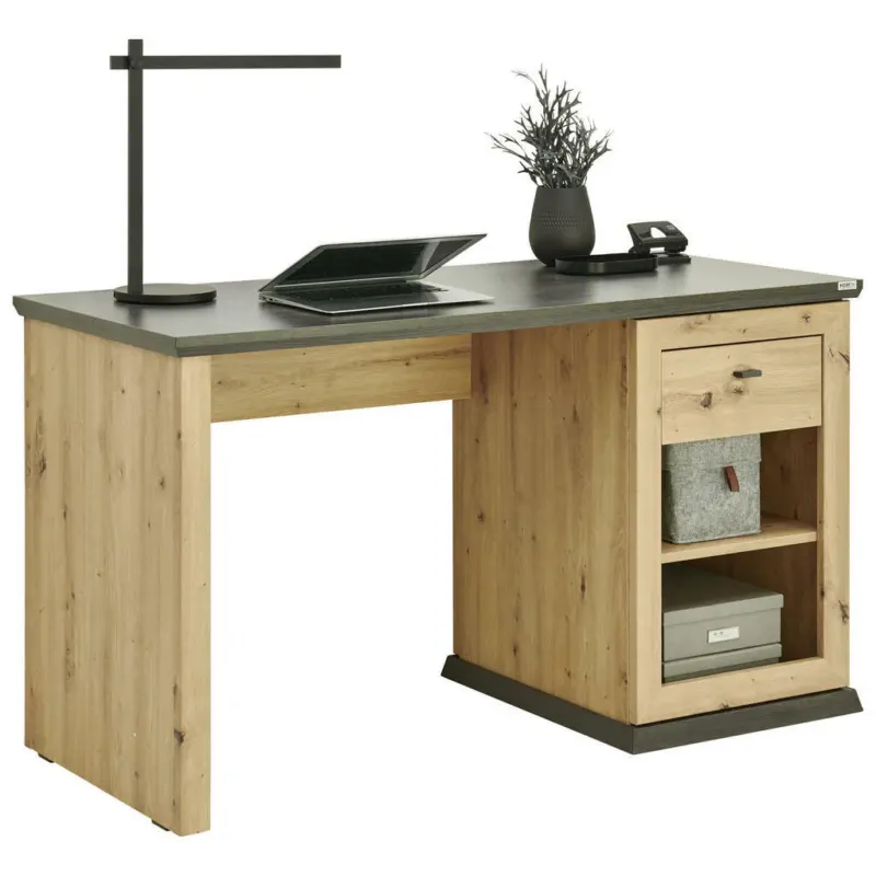 Schreibtisch 135/59/76 cm in Eichefarben, Dunkelgrau
