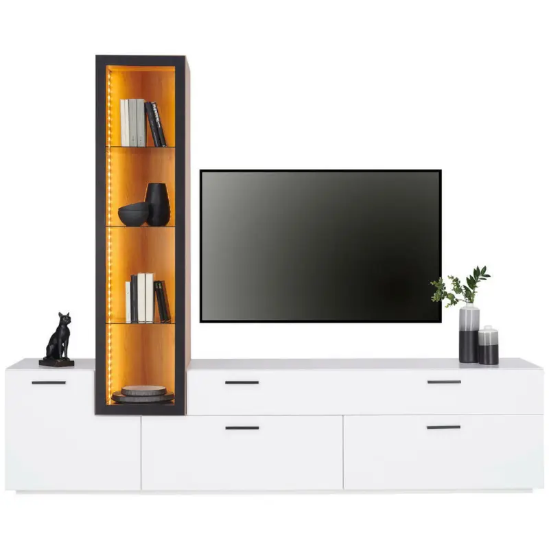 Wohnwand 240/183/52 cm in Weiß, Eichefarben