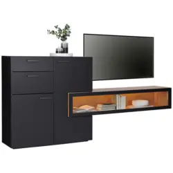 Wohnwand 240/180/38 cm in Schwarz, Eichefarben