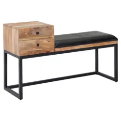 Hockerbank in Holz, Leder Schwarz