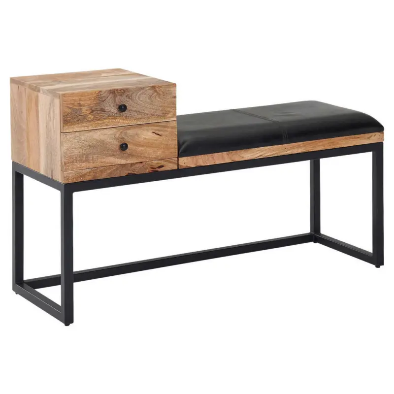 Hockerbank in Holz, Leder Schwarz