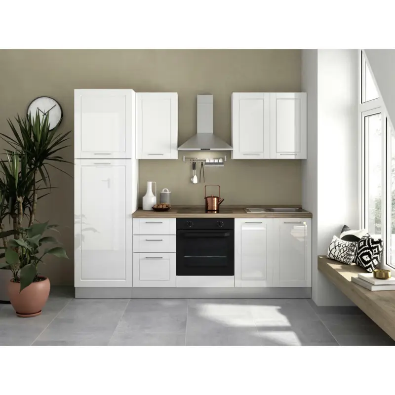 K&uuml;chenblock 245 cm in Eichefarben, Wei&szlig; Hochglanz