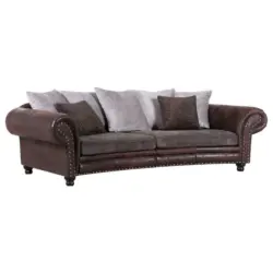 Megasofa in Lederlook, Webstoff Hellgrau, Dunkelbraun