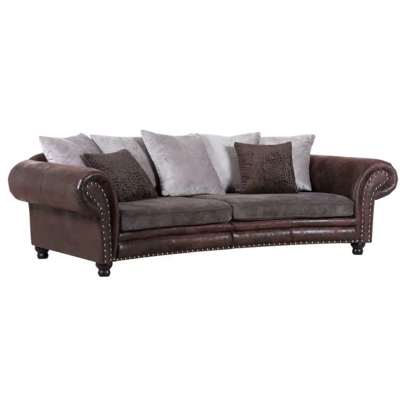 Megasofa in Lederlook, Webstoff Hellgrau, Dunkelbraun