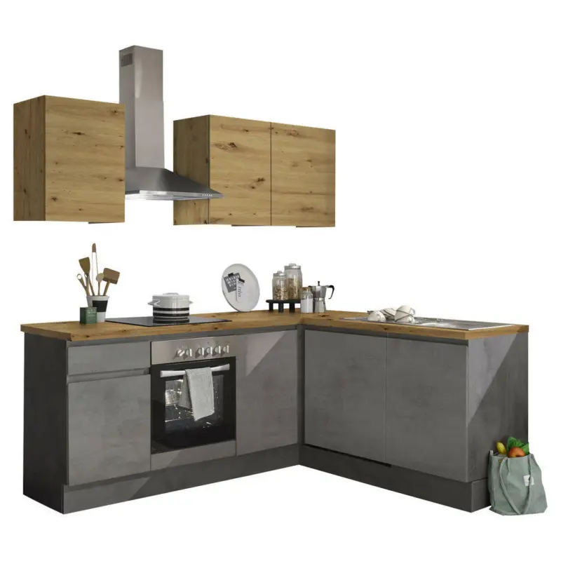 Eckküche 220/170 cm in Anthrazit, Grau, Eiche Artisan