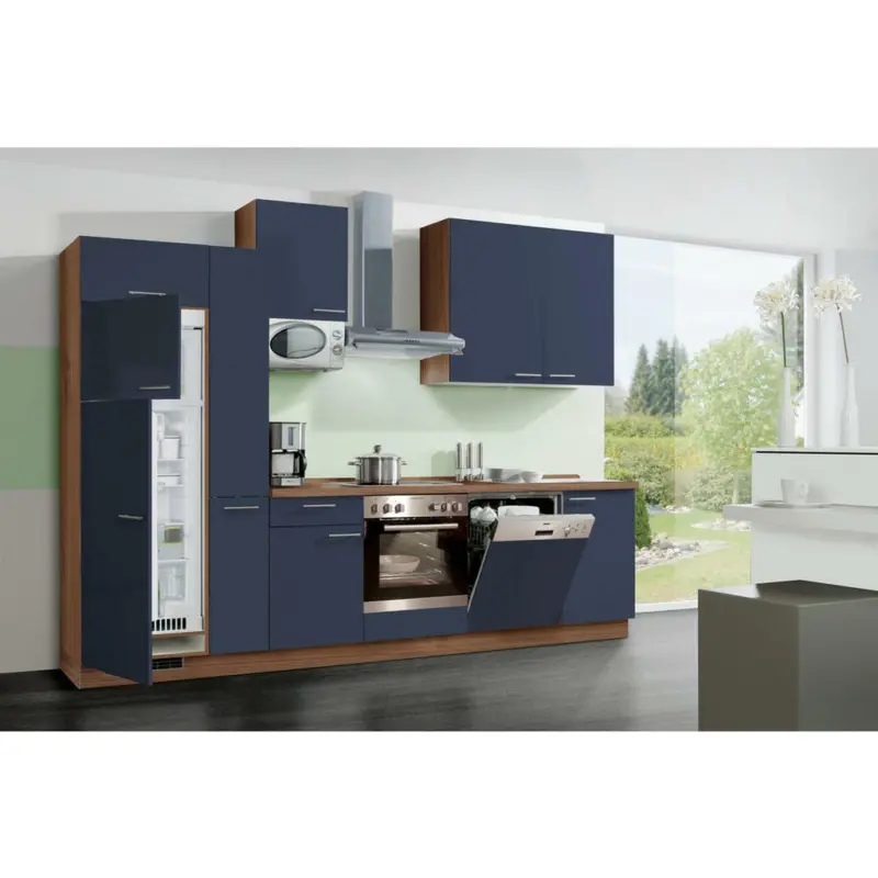 Küchenblock 310 cm in Nussbaumfarben, Dunkelblau