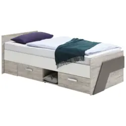 Stauraumbett 90/200 cm in Braun, Weiß, Hellblau