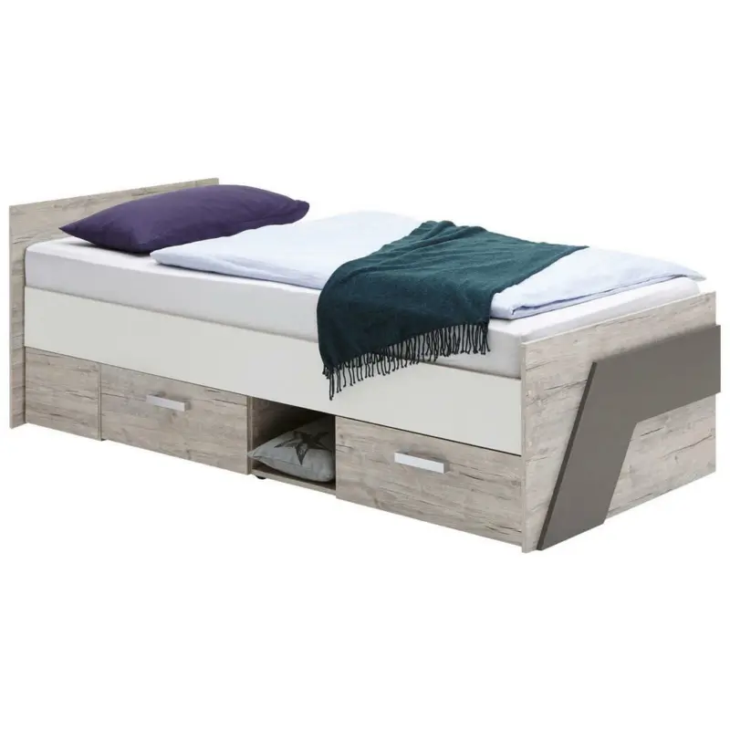 Stauraumbett 90/200 cm in Braun, Weiß, Hellblau