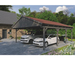 Doppelcarport SKAN Holz Fichtelberg inkl. Dachschindeln rot 618 x 808 cm Schiefer