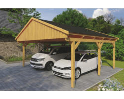 Doppelcarport SKAN Holz Fichtelberg inkl. Dachschindeln schwarz 618 x 566 cm Eiche hell