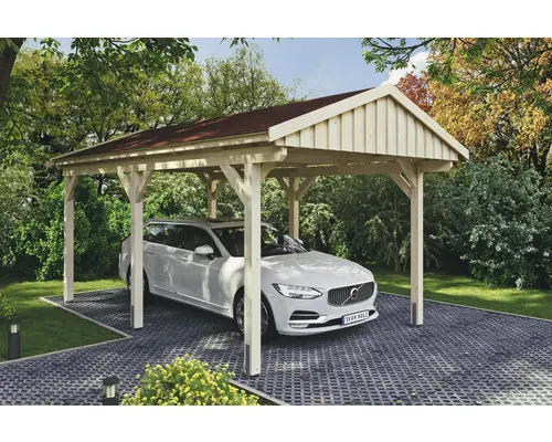 Einzelcarport SKAN Holz Fichtelberg inkl. Dachschindeln rot 317 x 566 cm natur
