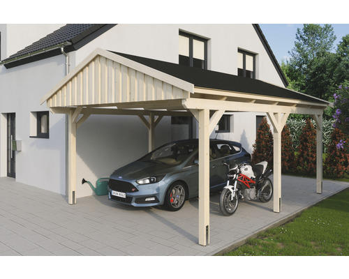 Einzelcarport SKAN Holz Fichtelberg inkl. Dachschindeln schwarz 423 x 566 cm natur