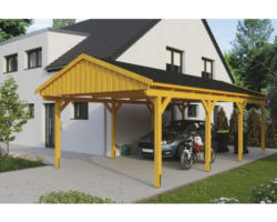 Einzelcarport SKAN Holz Fichtelberg inkl. Dachschindeln schwarz 423 x 808 cm Eiche hell