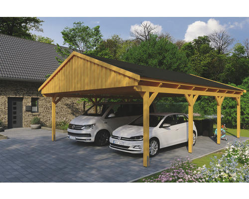 Doppelcarport SKAN Holz Fichtelberg inkl. Dachschindeln schwarz 618 x 808 cm Eiche hell