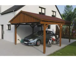Einzelcarport SKAN Holz Fichtelberg inkl. Dachschindeln rot 423 x 566 cm Nussbaum