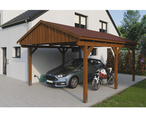 Einzelcarport SKAN Holz Fichtelberg inkl. Dachschindeln rot 423 x 566 cm Nussbaum