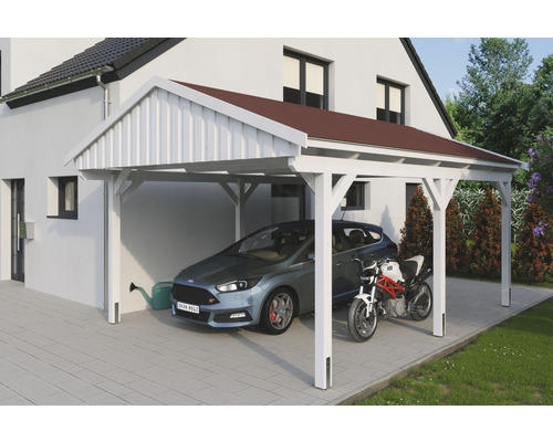 Einzelcarport SKAN Holz Fichtelberg inkl. Dachschindeln rot 423 x 566 cm weiß