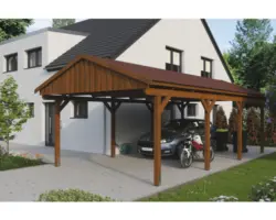 Einzelcarport SKAN Holz Fichtelberg inkl. Dachschindeln rot 423 x 808 cm Nussbaum