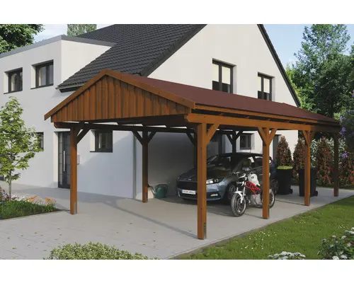 Einzelcarport SKAN Holz Fichtelberg inkl. Dachschindeln rot 423 x 808 cm Nussbaum