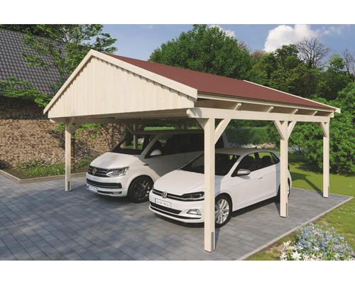 Doppelcarport SKAN Holz Fichtelberg inkl. Dachschindeln rot 618 x 566 cm natur