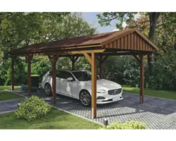 Einzelcarport SKAN Holz Fichtelberg inkl. Dachschindeln rot 317 x 808 cm Nussbaum