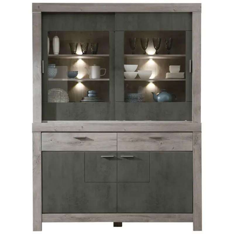 Vitrinenkombination in Grau, Eichefarben