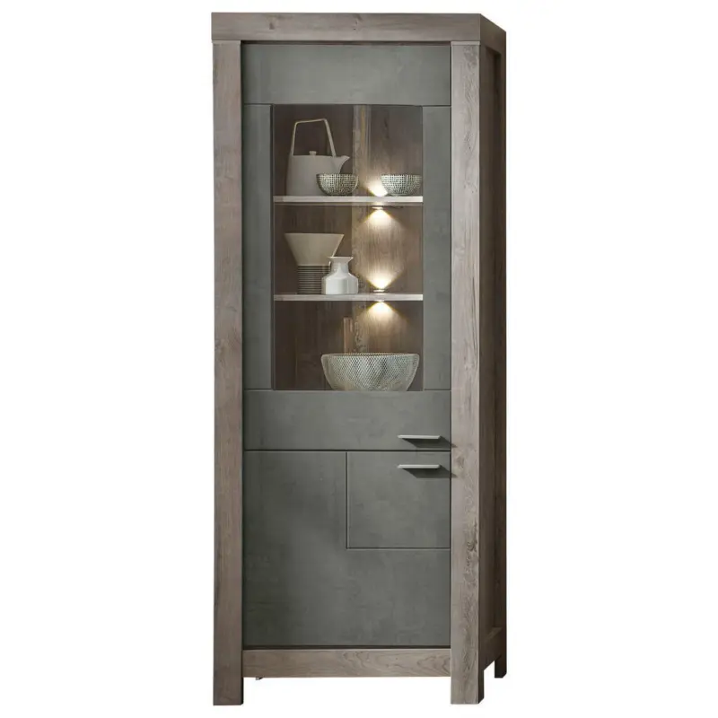 Vitrine in Eichefarben, Dunkelgrau
