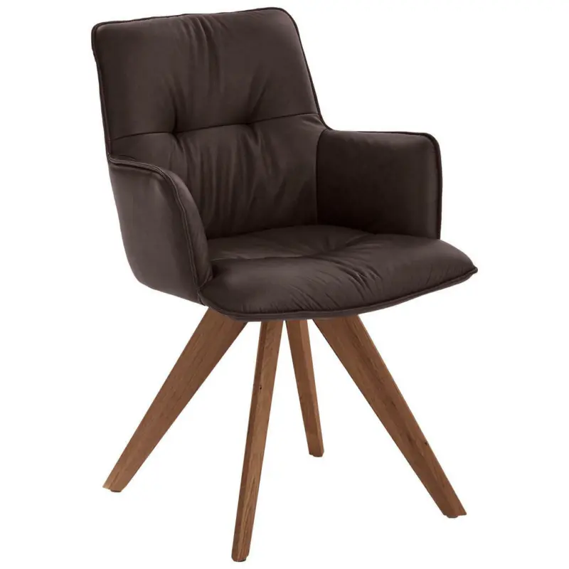 Armlehnstuhl in Holz, Leder Dunkelbraun