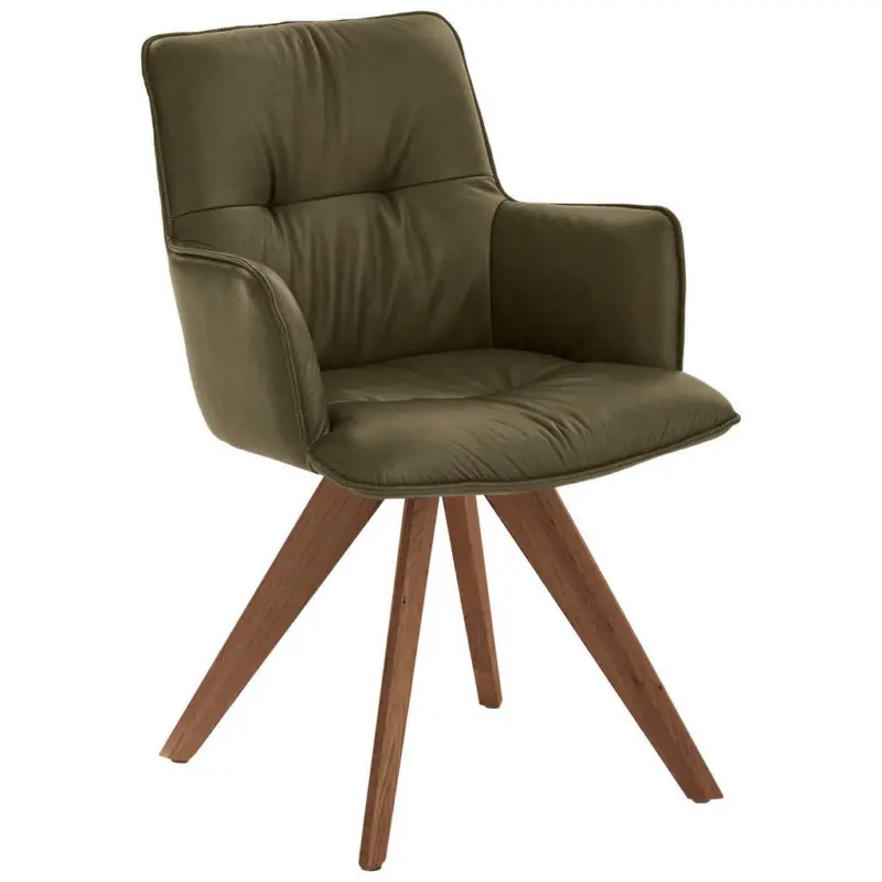 Armlehnstuhl in Holz, Leder Olivgrün