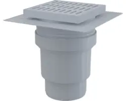 Alcadrain Bodenablauf 150 x 150 mm mit senkrechten Abgang DN 110 mm, Rost Grau, Manschette-2. Abdichtung, Geruchsverschluss mit Sperrwasser