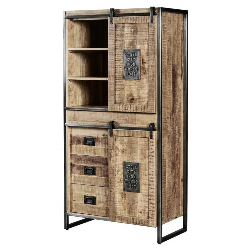 Vitrine in massiv Mangoholz Anthrazit, Naturfarben