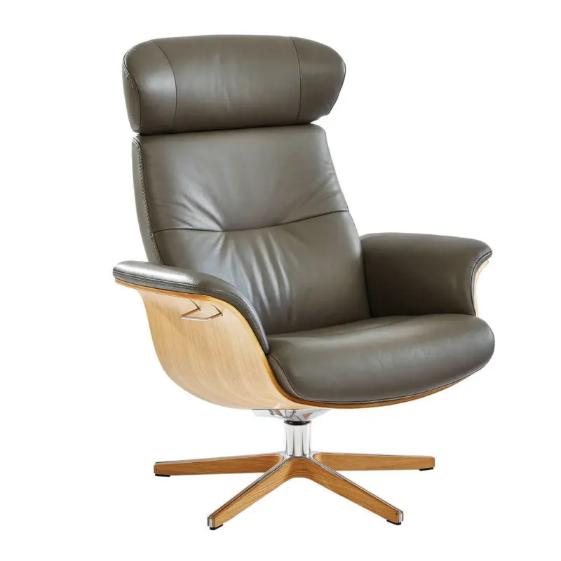 Relaxsessel in Holz, Metall, Leder Grau, Eichefarben