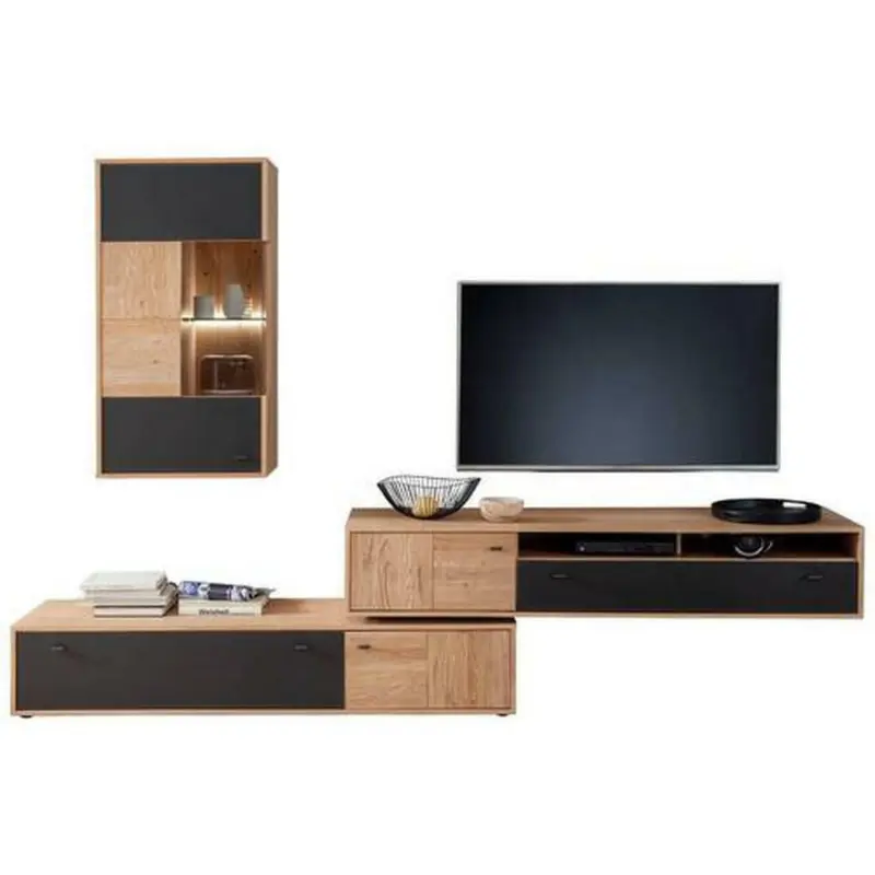 Wohnwand 306/198/50 cm in Anthrazit, Eiche Bianco